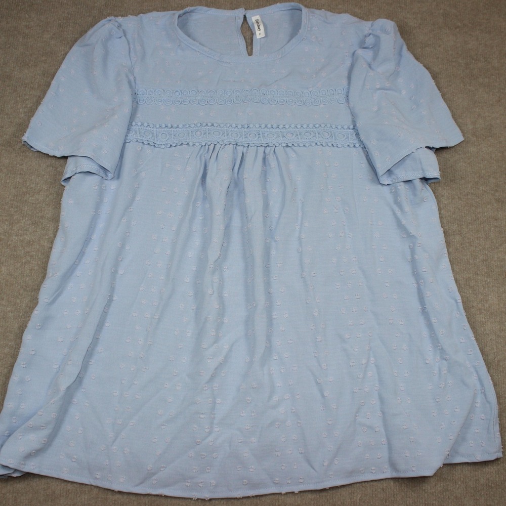 Falechay Light Blue Swiss Dot Crochet Lace Trim Short Sleeve Blouse XL
